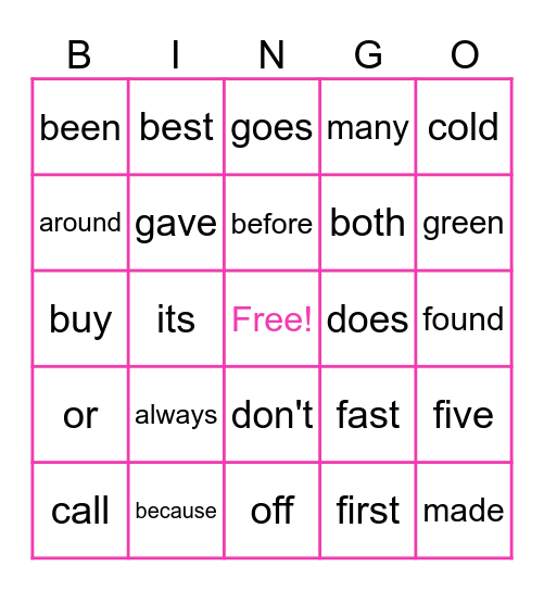 Sight Words Bingo Card