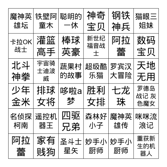 魔都绿叶台日本动画老梆瓜BINGO Card