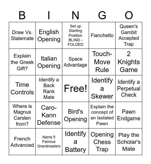 Chess Bingo Card