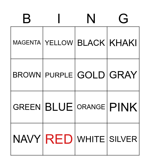 COLORS Bingo Card