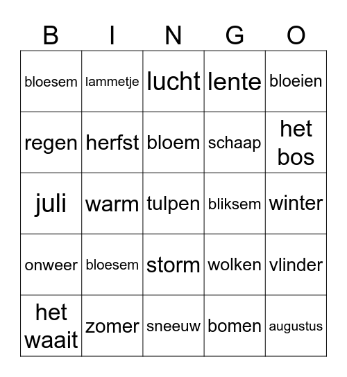 Het seizoen Bingo Card