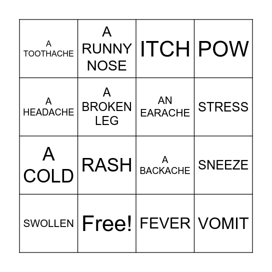 ILLNESS AND INJURY Bingo Card