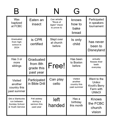 2024 Youth Retreat Bingo Card