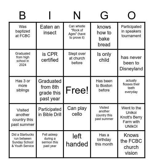 2024 Youth Retreat Bingo Card