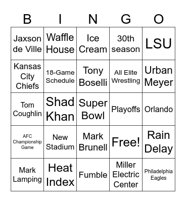 Jacksonville Jaguars Bingo Card