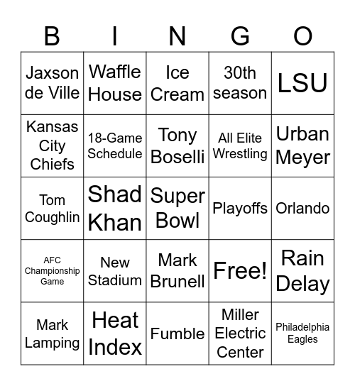 Jacksonville Jaguars Bingo Card