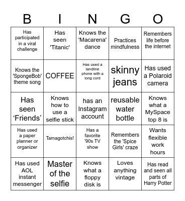 Millennial bingo Card