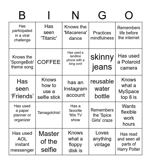 Millennial bingo Card