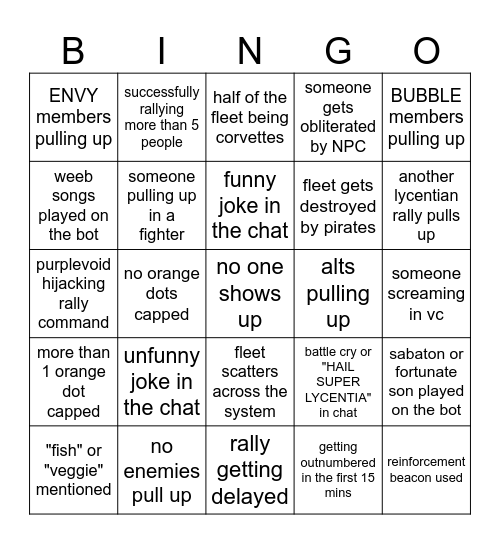 The Starscape Rally Bingo Card