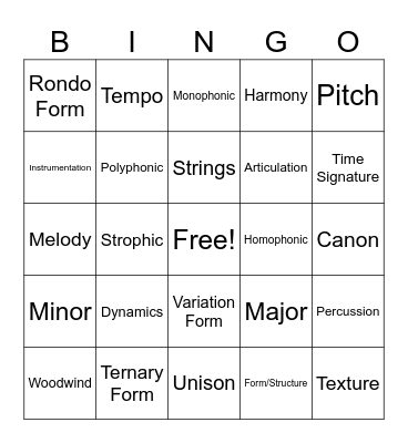 Summer Term 2 - Music Keywords Bingo Card