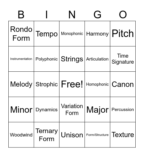 Summer Term 2 - Music Keywords Bingo Card