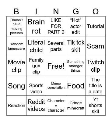 YouTube shorts Bingo Card