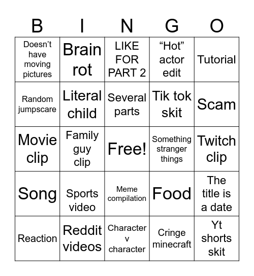 YouTube shorts Bingo Card