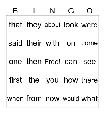 Sight Words-1st 100 Bingo Card