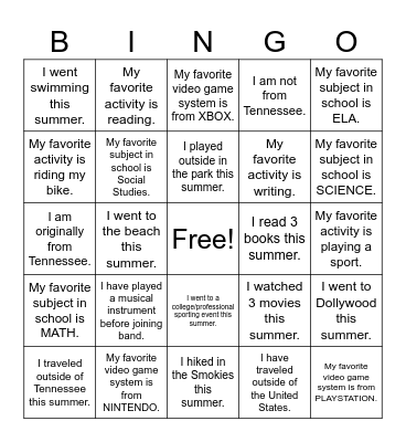 Beginning Band Bingo Card