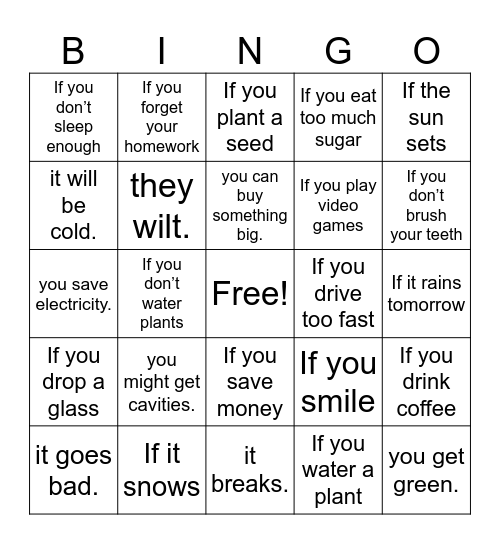 ZERO AND FIRST CONDITIONALS Bingo Card