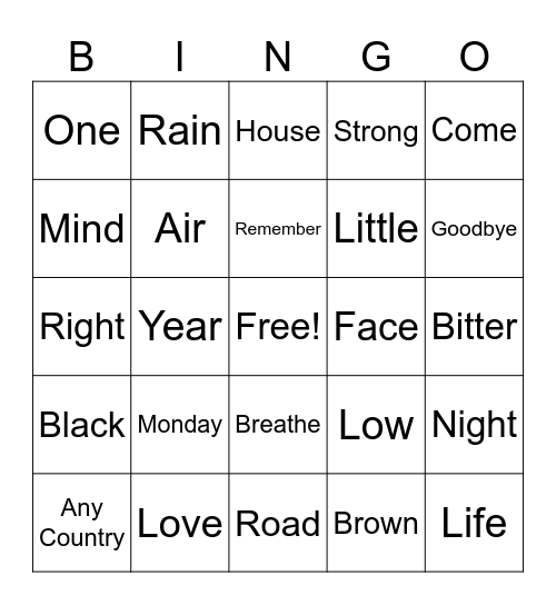 Music Lyrics Bingo Card