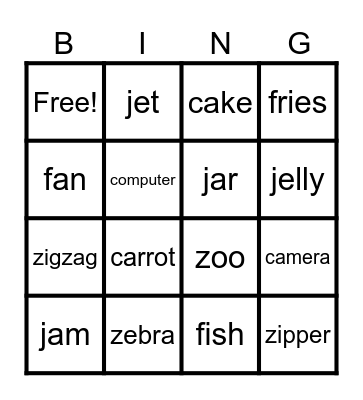 Letrang C, J, F & Z Bingo Card