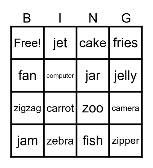 Letrang C, J, F & Z Bingo Card