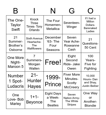 Songs with numbers in the title Bingo Card