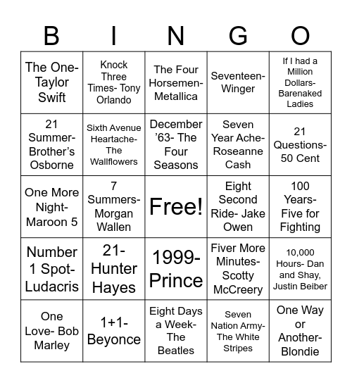 Songs with numbers in the title Bingo Card