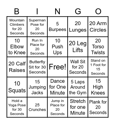 Fitness Bingo Card