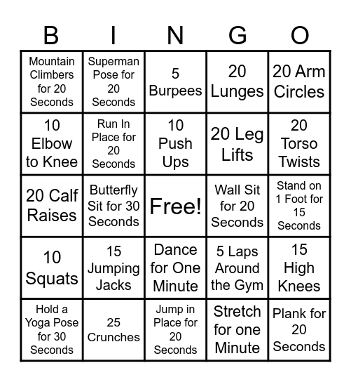 Fitness Bingo Card