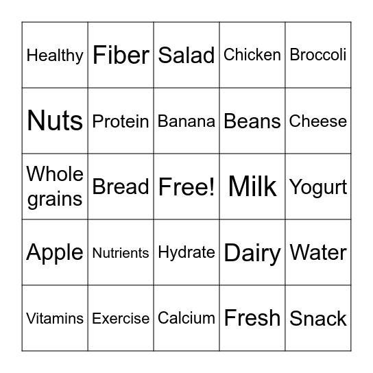 MyPlate Bingo Card