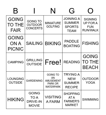 Summer Activities Bingo Card
