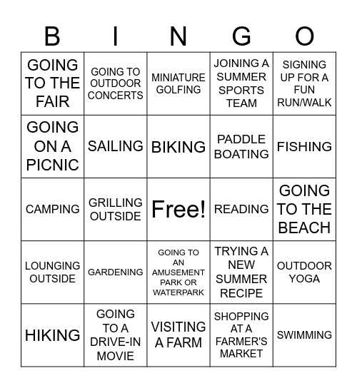 Summer Activities Bingo Card