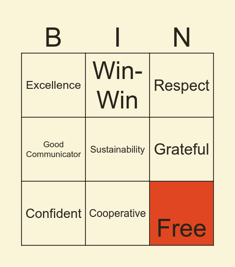 FS Values Bingo Card