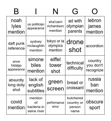 opening ceremony bingo Card