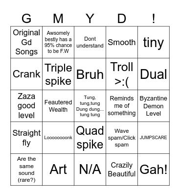 Geometry dash Bingo Card