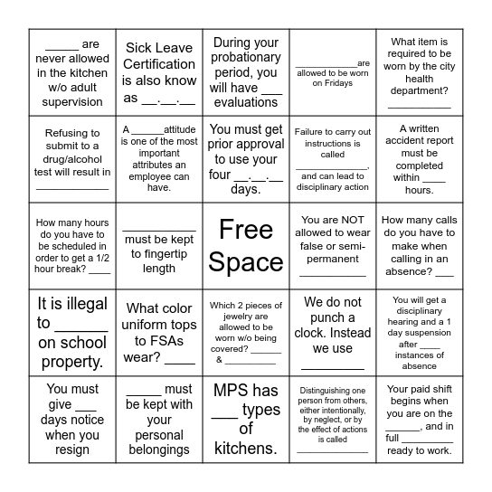 Orientation BINGO Card