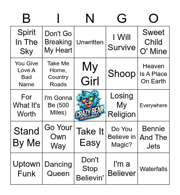 Songs To Sing In The Car Bingo Card