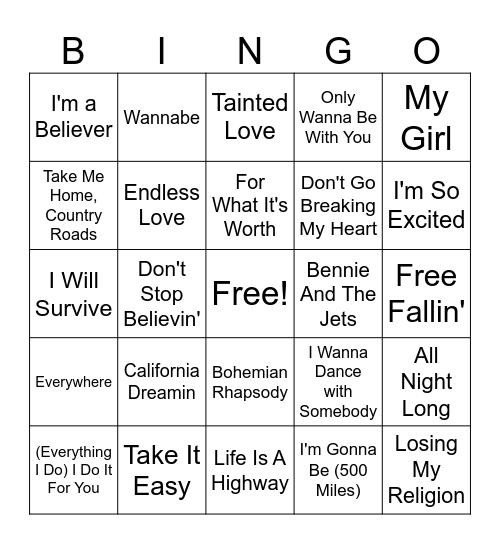 Songs To Sing In The Car Bingo Card