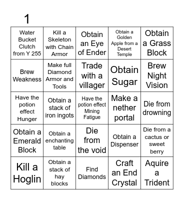 Minecraft Bedrock Lockout Bingo Card