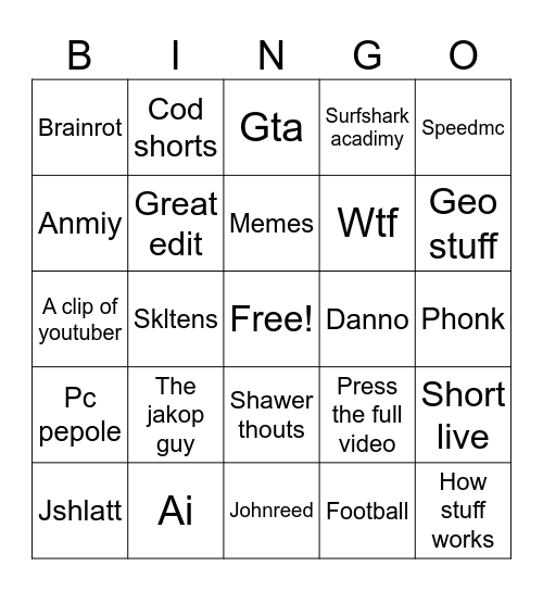 Youtube short Bingo Card