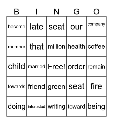 Whole words Bingo Card