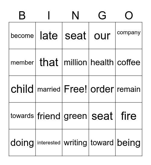 Whole words Bingo Card