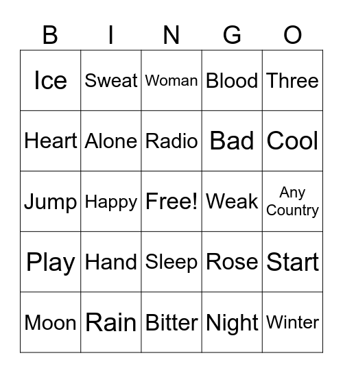 Lyric Bingo Card