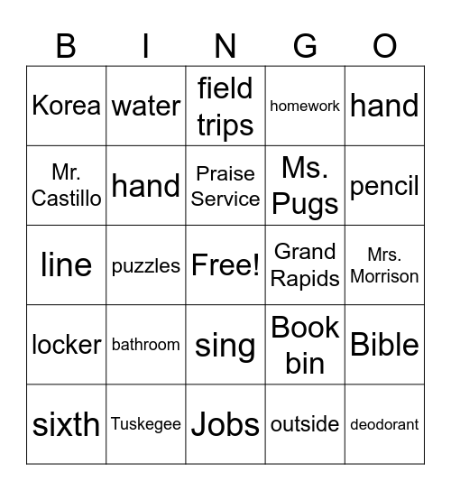 First Day of School Bingo Card