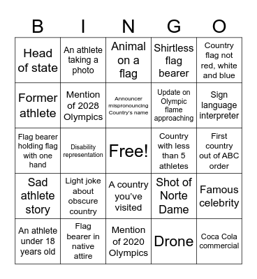 2024 Summer Olympics Opening Ceremony Bingo Card