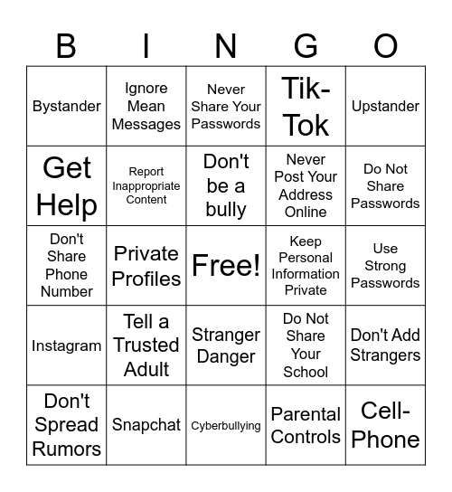 Internet Safety BINGO Card