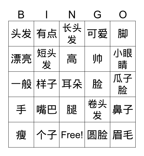 Unit 1.3_长相_appearance Bingo Card