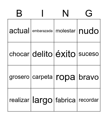 Spanish False Cognates Bingo Card