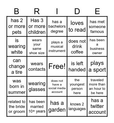 Find the Guest wedding BINGO Card