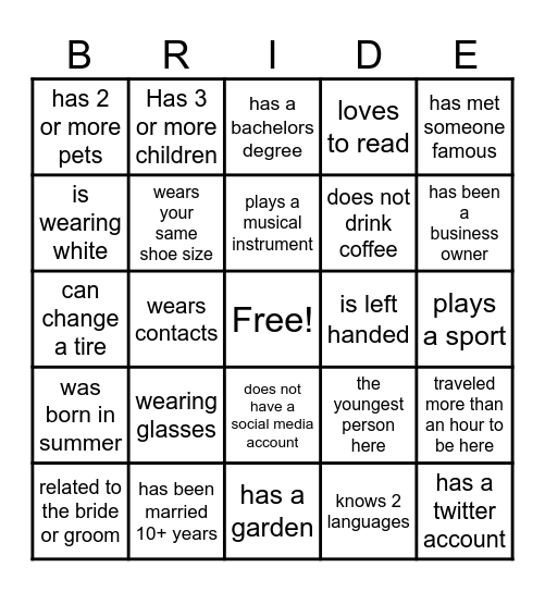 Find the Guest wedding BINGO Card