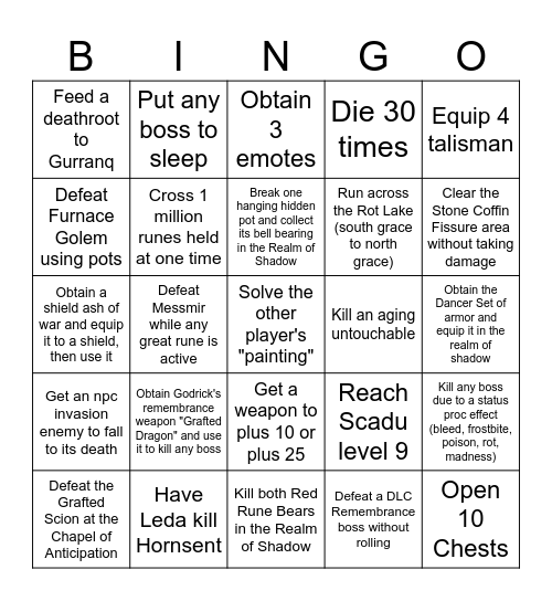 Elden Ring Bingo Brawlers (level 90, and you can pick any 5 items to start) Bingo Card