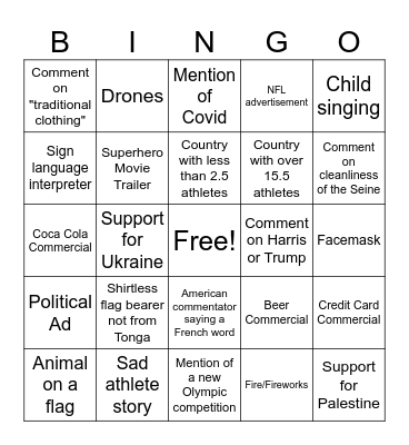 2024 Summer Olympic Bingo Card